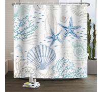 Xiaoterna Summer Marine Life White Shower Curtain Retro Nautical Coast Starfish Shell Coral Seahorse Waterproof Polyester Bathroom Curtain Underwater Flora and Fauna Bathroom Decoration 200x180cm