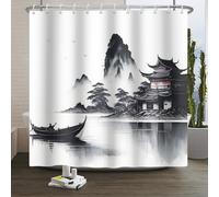 Xiaoterna Traditional Japanese Painting Shower Curtain Japanese Building Asian Ink Painting Shower Curtain Foggy Mountain Boat Wild Goose Outdoor Natural Scenery Bathroom Curtain 180x180cm