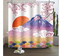 Xiaoterna Traditional Japanese Painting Shower Curtain Japanese Cherry Blossom Bathroom Curtain Watercolor Spring Fuji Mountain Cherry Blossom Burgundy Sun Cloud Shower Curtain 180x220cm