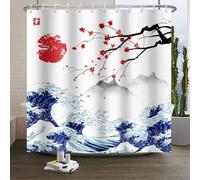 Xiaoterna Traditional Japanese Painting Shower Curtain Kanagawa Great Wave Shower Curtain Red Cherry Flowers and Sun Japanese Mountain Scenery Anti Mould Waterproof Bathroom Curtain 150x180cm