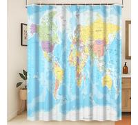 Xiaoterna World Map Shower Curtain Blue Ocean Continents Bathroom Curtain Map of The World Shower Curtain Geography Educational Shower Curtain Machine Washable Waterproof Fabric 180x220cm