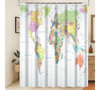 Xiaoterna World Map Shower Curtain Colorful Nautical Map Ocean Bathroom Curtain White Coastal Ocean Shower Curtain for Bathroom Machine Washable Waterproof Fabric 120x180cm