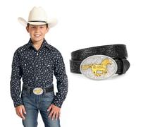 XIAOWU Children's Western Belt for Boys and Girls, Embossed Genuine Leather Cowboy Cowgirl Belt with Western Buckle for Jeans Trousers Dresses Gift, Horse Black, Passform Taille:68 - 77.5cm