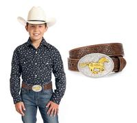 XIAOWU Kids Cowboy Belt for Boys Girls 2.8 cm Wide Western Embossed Genuine Leather Belt for Jeans Trousers Dresses Gift, horse coffee, Passform Taille:58 - 67.5cm