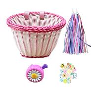 Xiaoxin Kid's Basket Streamers Set,Front Handlebar Kid's Basket,Girls Basket Pink,Kids Basket Girls Handwoven with Bell Streamer Tassels Windmill Stickers,Kids Accessories