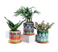 XIAOXIN Set of 3 Succulent Plant Pots, 3.15 Inch Round Vases Cactus Ceramic Planters with Trays & Drainage Hole Mandalas Pattern