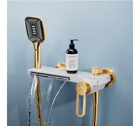 XIAOXSIO Gold+White Wall Mounted Bathtub Faucet Shower Combo, Chrome Finish, 150cm Hose, 135-165mm Spacing, Single Handle, Brass & Stainless Steel, Bathroom Faucet Set