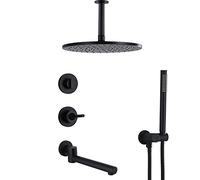 Xiaoxu 3 Function Rain Shower Systems with Tub Spout, Ceiling Mounted Black Shower Faucets Sets Complete with Rain Shower Head and Handheld Shower,8inch