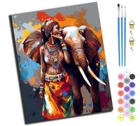 XIAOYOUQIAN African American Girl and Elephant,Paint by Numbers for Adults,DIY Oil Number Painting Canvas Kits,Kids Adults for Gifts Home Wall Decor,20X16Inch,-Frameless