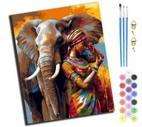 XIAOYOUQIAN African American Girl and Elephant,Paint by Numbers for Adults,DIY Paint by Numbers for Kids Beginner,Oil Painting for Wall Art,20X16Inch,-Frameless