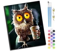 XIAOYOUQIAN Owl Holding A Cup,Paint by Number Kit for Adults Beginner,DIY Acrylic Hand Oil Paintin Kits On Canvas Art Crafts for Home，16 X20 Inch，with Frame