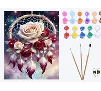 XIAOYOUQIAN Pink Rose Feather Dream Catcher,Paint by Numbers for Adults, DIY Oil Number Painting Canvas Kits, Kids Adults for Gifts Home Wall Decor ,20x16inch,Frameless