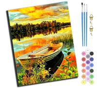 XIAOYOUQIAN Wooden Boat in Lake at Golden Sunset,DIY Paint by Number for Adults Beginner,with Paintbrushes and Acrylic Painting Kits Art Crafts for Home Walls 16 X20Inch,-Frameless