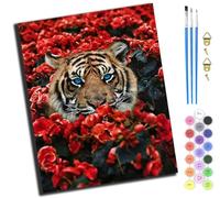 XIAOYOUQIAN Yellow Tiger Animal Art Behind Flowers,Paint by Numbers for Kids & Adults,DIY Acrylic Oil Painting Kits 16 X 20 Inch Hand Painted Gift -Frameless