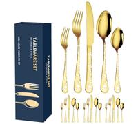 XIAOYU 20-Piece Bizarre Flatware Set, Gothic Skull Silverware Set for 4, Skeleton Flower Unique Pattern Design, Knives/Forks/Spoons Cutlery Set Halloween Event Tableware Utensils, Gold