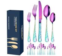 XIAOYU 20-Piece Bizarre Flatware Set, Gothic Skull Silverware Set for 4, Skeleton Flower Unique Pattern Design, Knives/Forks/Spoons Cutlery Set Halloween Event Tableware Utensils, Rainbow