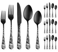 XIAOYU 20 Piece Black Gothic Matte Flatware Set, 5 Sets of 4 Piece Skull/Flower/Butterfly Pattern Cutlery, Stainless Steel, Dishwasher Safe, Halloween & Festival Tableware