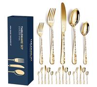 XIAOYU 20-Piece Flatware Set, Stainless Steel Silverware Cutlery Set for 4, Unique Pattern Design, Includes Dinner Knives/Forks/Spoons, Dishwasher Safe, Gold