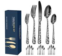 XIAOYU 20-Piece Flatware Set, Stainless Steel Silverware Cutlery Set for 4, Unique Pattern Design, Includes Dinner Knives/Forks/Spoons, Dishwasher Safe, Black
