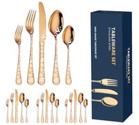 XIAOYU 20 Pieces Christmas Silverware Set, Black Flatware Set Service for 4, Stainless Steel Cutlery Tableware, Unique Snowflakes Santa Claus Elk Pattern Design, Dishwasher Safe, Rose Gold