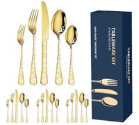 XIAOYU 20 Pieces Christmas Silverware Set, Black Flatware Set Service for 4, Stainless Steel Cutlery Tableware, Unique Snowflakes Santa Claus Elk Pattern Design, Dishwasher Safe, Gold
