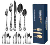 XIAOYU 20 Pieces Christmas Silverware Set, Black Flatware Set Service for 4, Stainless Steel Cutlery Tableware, Unique Snowflakes Santa Claus Elk Pattern Design, Dishwasher Safe, Black