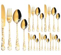 XIAOYU 24 Pieces Silverware Set, Stainless Steel Flatware Set Service for 6, Peony Flower Pattern Design, Modern Cutlery Set Utensils Including Knives/Forks/Spoons, Gold