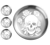 XIAOYU 4 Pack Halloween Skeleton Stainless Steel Dinner Plates, Skull Gothic Round Metal Plates, Unique Skull/Flower Pattern Design, Metal Dinner Dishes for Dinner, Party, Camping, Dishwasher Safe