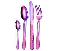 XIAOYU 4 Pieces Hammered Silverware Set, Stainless Steel Flatware Set, Utensils Set Include Dinner Knives/Forks/Spoon, Rainbow