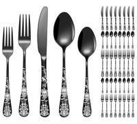 XIAOYU 40 Piece Black Bizarre Skull Silverware Set, Gothic Stainless Steel Flatware Set Serving for 8, Unique Skull/Crow/Flower/Bat Pattern Design, Halloween Cutlery Set Festival Tableware Utensils