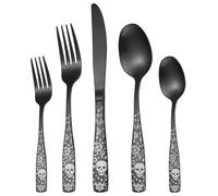 XIAOYU 5 Piece Black Bizarre Skull Flatware Set, Gothic Matte Silverware Set, Skeleton Flower Unique Skull Design, Halloween Cutlery Set Festival Tableware Utensils