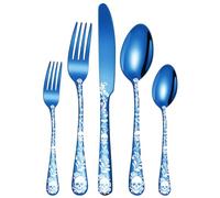 XIAOYU 5 Piece Gothic Skull Silverware Set, Halloween Bizarre Flatware Set, Skeleton Flower Unique Pattern Design, Knife Fork Spoon Cutlery Set for Halloween Easter Christmas, Blue