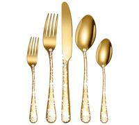 XIAOYU 5 Piece Gothic Skull Silverware Set, Halloween Bizarre Flatware Set, Skeleton Flower Unique Pattern Design, Knife Fork Spoon Cutlery Set for Halloween Easter Christmas, Gold