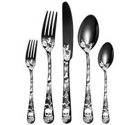 XIAOYU 5 Piece Halloween Themed Skeleton Silverware Set, Skull Gothic Cutlery Set Includes Knife Fork and Spoon, Stainless Steel Flatware Tableware for Halloween Easter and Christmas, Black