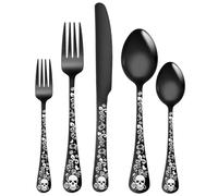 XIAOYU 5 Piece Skull Pattern Silverware Set, Stainless Steel Flatware Set, Gothic Unique Skeleton and Flower Pattern Design, Perfect for Halloween Easter and Christmas, Black