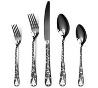 XIAOYU 5 Pieces Black Silverware Set, Food-Grade Stainless Steel Flatware Set, Christmas Pattern Tableware Cutlery Set, Utensil Sets for Home Restaurant, Mirror Polish