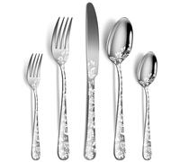 XIAOYU 5 Pieces Silverware Set, Black Flatware Set, Stainless Steel Mirror Polished Cutlery Set, Spoons Forks Knives Set with Unique Floral Laser, Silver