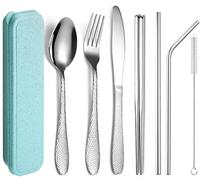 XIAOYU 7-Piece Portable Flatware Set, Travel Camping Utensils Set, Reusable Hammered Silverware Set with Storage Box, Including Fork/Knife/Spoon/Chopsticks/Straws, Silver