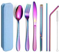 XIAOYU 7-Piece Portable Flatware Set, Travel Camping Utensils Set, Reusable Hammered Silverware Set with Storage Box, Including Fork/Knife/Spoon/Chopsticks/Straws, Rainbow