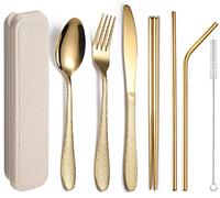XIAOYU 7-Piece Portable Flatware Set, Travel Camping Utensils Set, Reusable Hammered Silverware Set with Storage Box, Including Fork/Knife/Spoon/Chopsticks/Straws, Gold