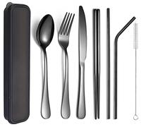 XIAOYU 7-Piece Portable Utensils Set, Travel Camping Cutlery Set, Stainless Steel Flatware Set, Including Dinner Knife/Fork/Spoon/Chopsticks/Straw, Black