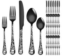 XIAOYU Halloween Skeleton Silverware Set 40 Piece Gothic Flatware Set for 8, Unique Vintage Skull Flower Pattern Design, Durable Cutlery Tableware for Home Kitchen, Black