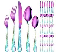 XIAOYU Halloween Skeleton Silverware Set 40 Piece Gothic Flatware Set for 8, Unique Vintage Skull Flower Pattern Design, Durable Cutlery Tableware for Home Kitchen, Rainbow