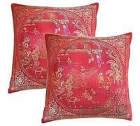 Xiaoyztan A Pair of 16-Inch Courtyard Scene Embroidered Pillowcases, Red Oriental Chinese Style Silky Decorative Manmade Silk Cushion Cover Sofa Throw Pillow Case