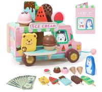 XIAPIA Wooden Ice Cream Toys for Kids, Wooden Ice Creams Cart Car Role Play Toys, Ice Cream Shop Play Food Set for Children Kitchen for 3 4 5 Year Old Girls Boys Gifts