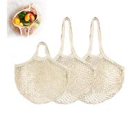 XIAQICA 3 Pieces Cotton Mesh Bag, Reusable Shopping Bags, Washable Mesh for Crochet Bags for Storing Fruits, Vegetables (Long Handle + Short Handle), beige, mesh design