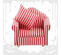 XIAQICA Sofa House Dolls with Pillow, Armchair Red Strips White Miniature, 1/12 Furniture with Back Cushion, Miniature Wood Accessories, Small Sofa for Halloween, Christmas Decoration