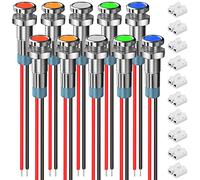 Xiatiaosann 10 Pcs 6mm 12-24V LED Indicator Light 5 Color(Green/Yellow/Red/Blue/White) Waterproof Metal Flat Head Panel Mount Signal Indicator Dash Light for Electronic Project with Connector