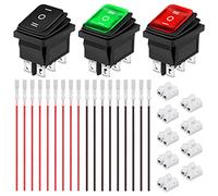 Xiatiaosann 3 Pcs Rocker Switch AC 16A/250V 20A/125V DPST On/Off/On Waterproof Mini Press Button 3 Color(Black/Red/Green) 6 Pin 3 Position LED Light Car Toggle Switch with Crimp Wire, Wire Connector