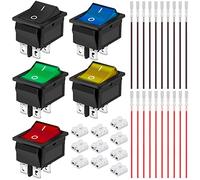 Xiatiaosann 5 Pcs Rocker Switch AC 16A/250V 20A/125V DPST On/Off Mini Press Button 5 Color(Black/Red/Green/Yellow/Blue) 4 Pin 2 Position LED Toggle Switch with Crimp Wire, Wire Connector